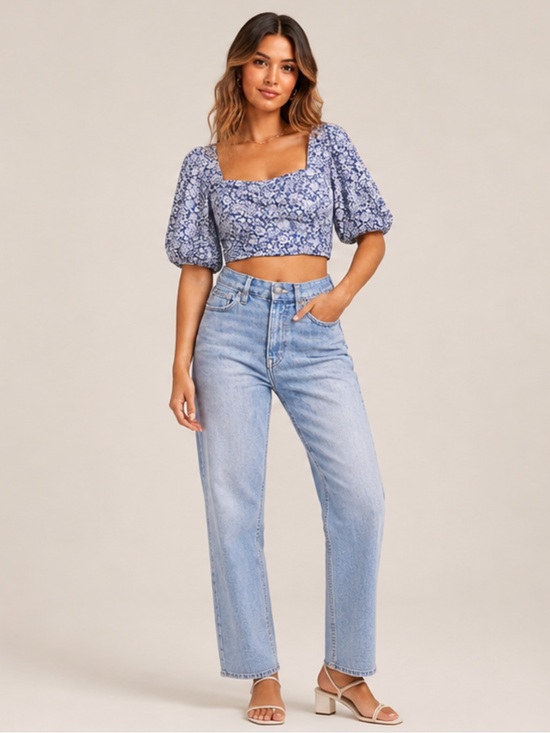 Anthropologie Tops - Anthropologie Opt Blue/white Floral Cropped Puff Sleeve Blouse Size M